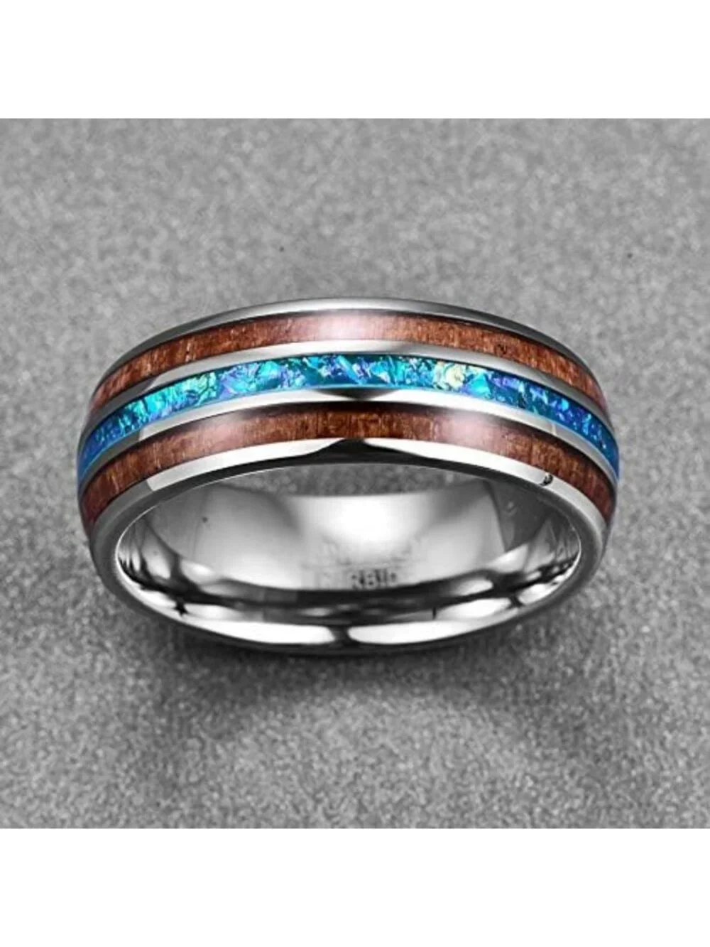 Men's Tungsten Wedding Band with Wood & Abalone Shell, Blue Inlay - Stylish